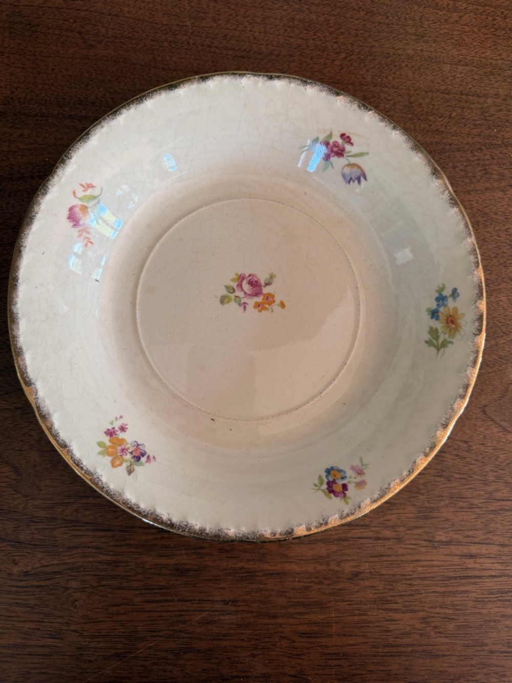 Floral Gold-Trim Ceramic Serving Bowl - White/Pastel